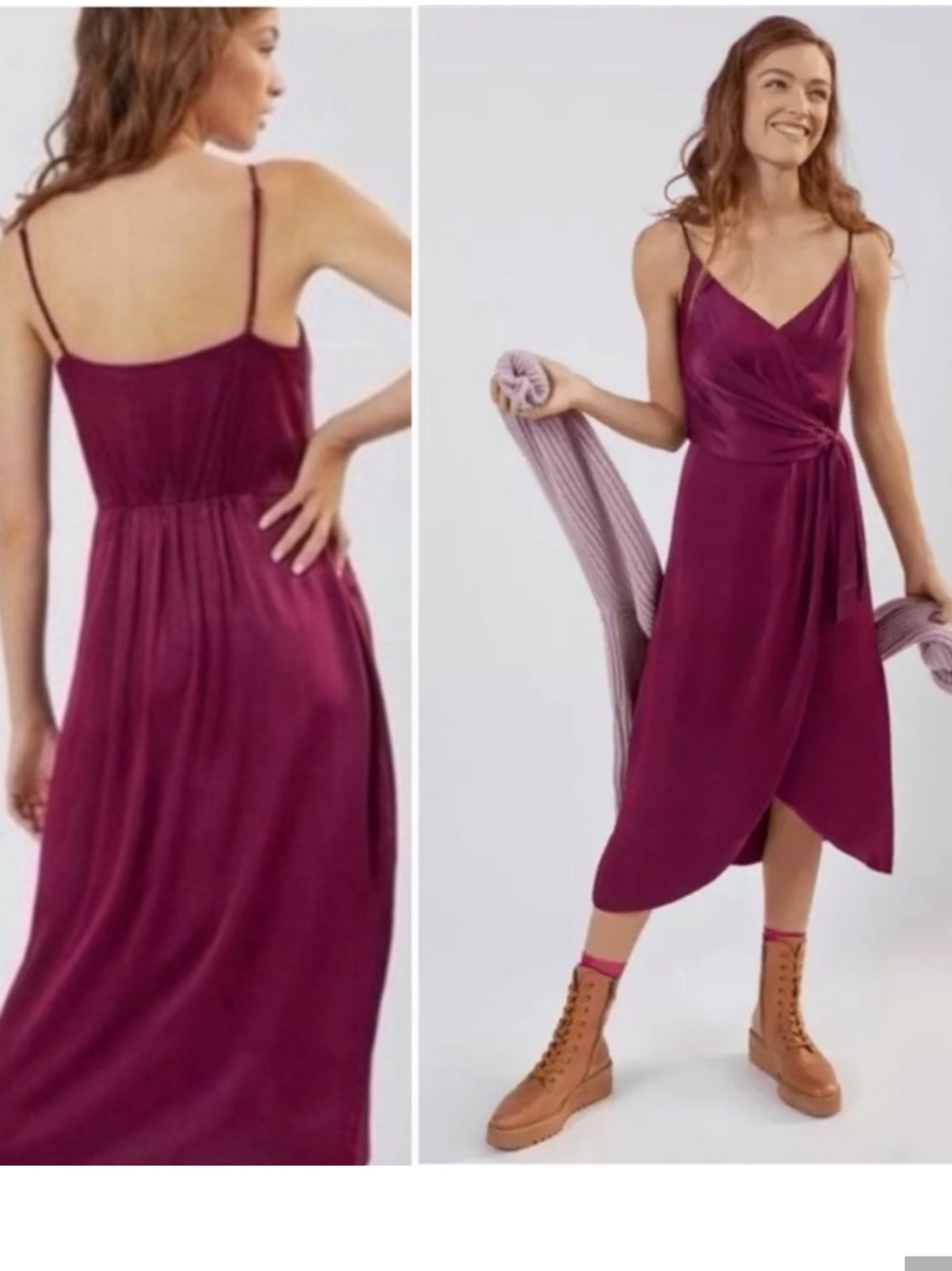 Anthropologie Satin Wrap Midi Dress in Deep Berry